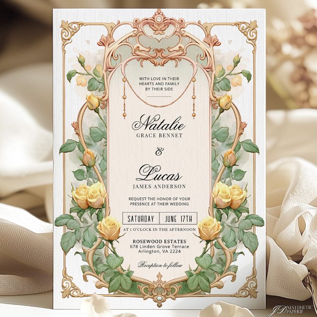 Convite para casamento de Arte Dourada Floral Amar (Criador carregado)