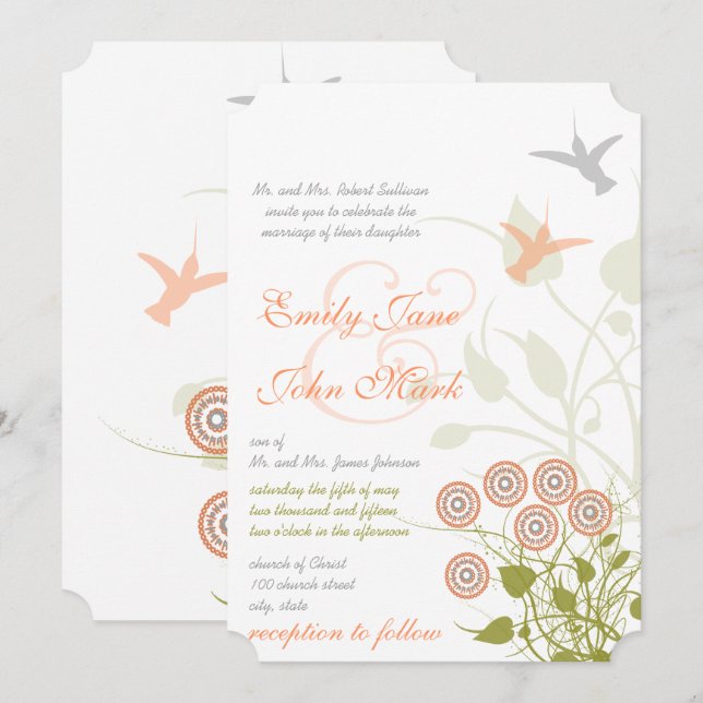 Convite Para Casamento De Aves Com Flor E Pássaro (Frente/Verso)