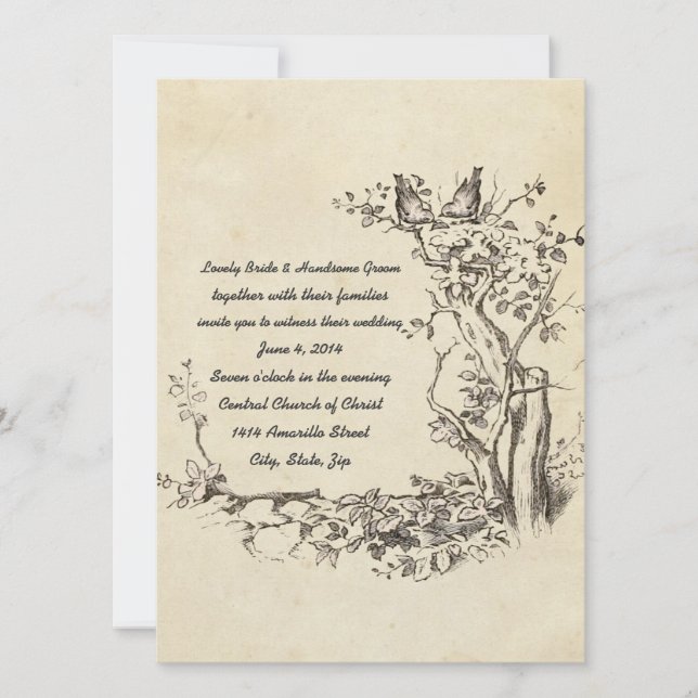 Convite Para Casamento De Aves Vintage Elegantes (Frente)