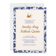 Convite para Casamento de Aves Vintage em Azul Ele