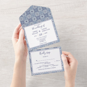 Convite para casamento de azulejos azuis, tudo num