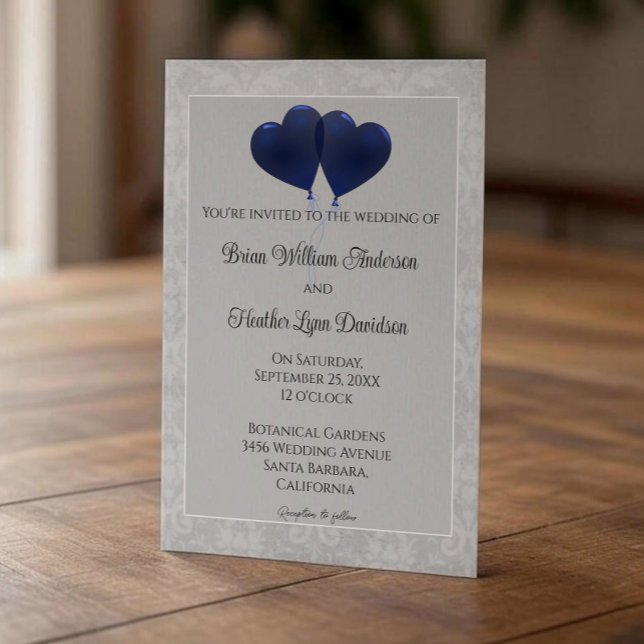 Convite para Casamento de Balões de Coração Azul (Blue Heart Balloons Wedding Invitation)