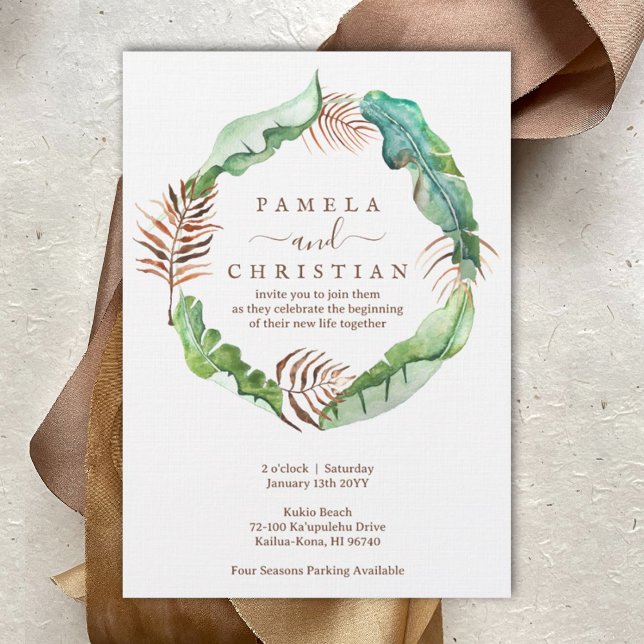 Convite para Casamento de Banana Leaf Wreath (Lush Tropical Banana Leaves Wedding Invitation, Brown and Light Green Tropical Leaf Wreath)