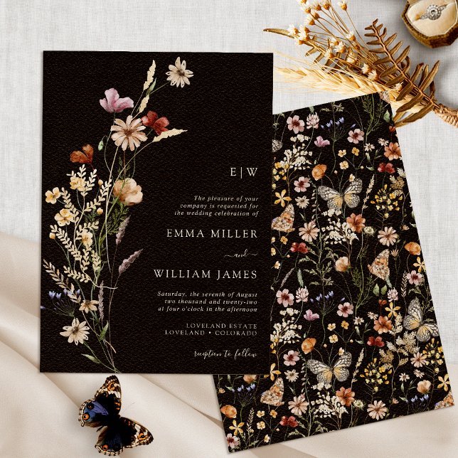 Convite para Casamento de Barragem Negra de Flor S (Wildflower Black Boho Wedding Invitation Mongrammed by Painted Paperie
)