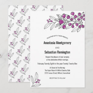 Convite para Casamento de Berry Leaf Roxo Minimali