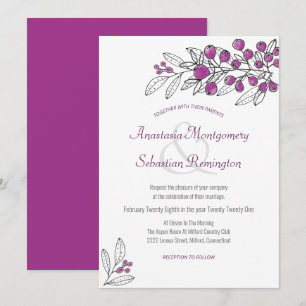 Convite para Casamento de Berry Leaf Roxo Minimali