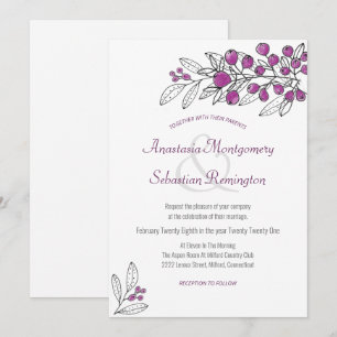 Convite para Casamento de Berry Leaf Roxo Minimali