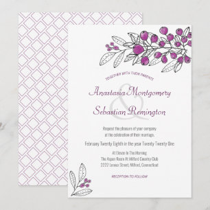Convite para Casamento de Berry Leaf Roxo Minimali