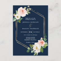 Convite para Casamento de Blush Dourado Azul-marin