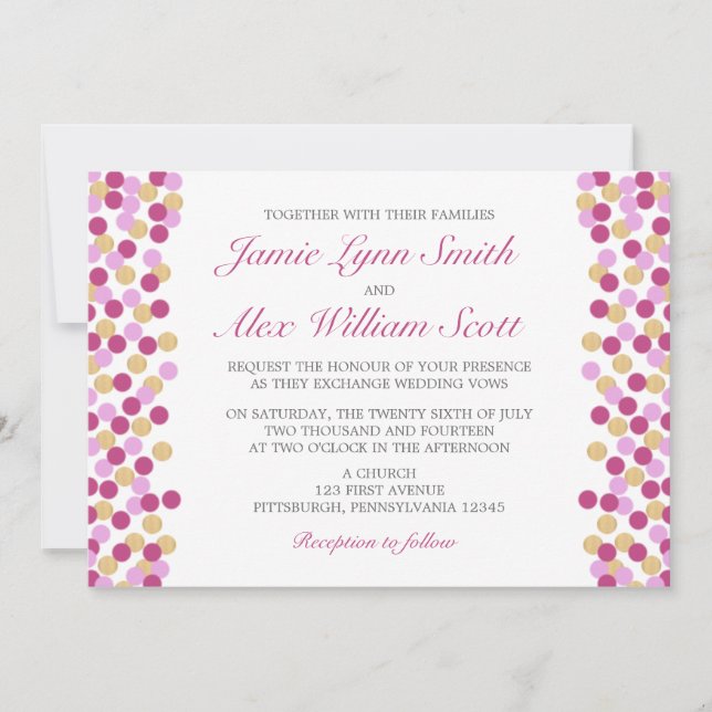 Convite para Casamento de Bolinhas Roxo e Dourado (Frente)