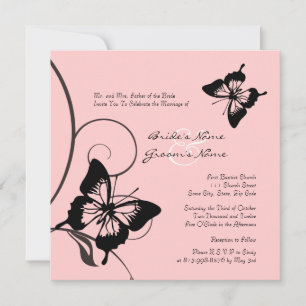 Convite para Casamento de Borboleta Preta e Rosa