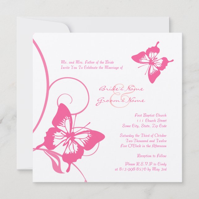 Convite para Casamento de Borboleta Rosa e Branca (Frente)