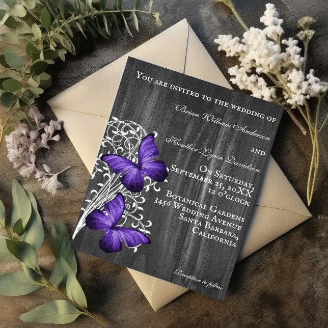 Convite Para Casamento De Borboletas Rústicas Roxa (Purple Rustic Butterfly Wedding Invitation)