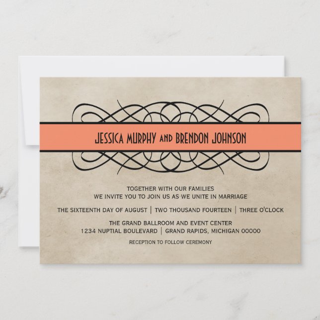 Convite para Casamento de Borda Flourish Laranja (Frente)