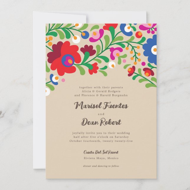 Convite para Casamento de Bordados Mexicanos Color (Frente)