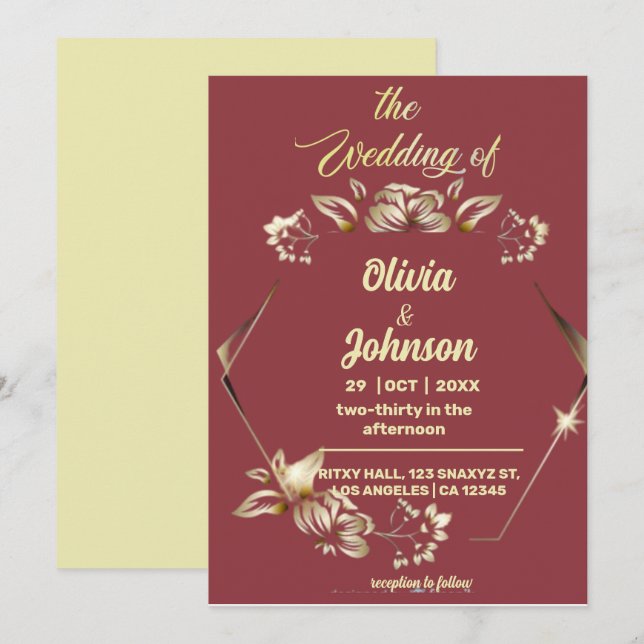 Convite para Casamento de Borgonha e Ouro (Frente/Verso)