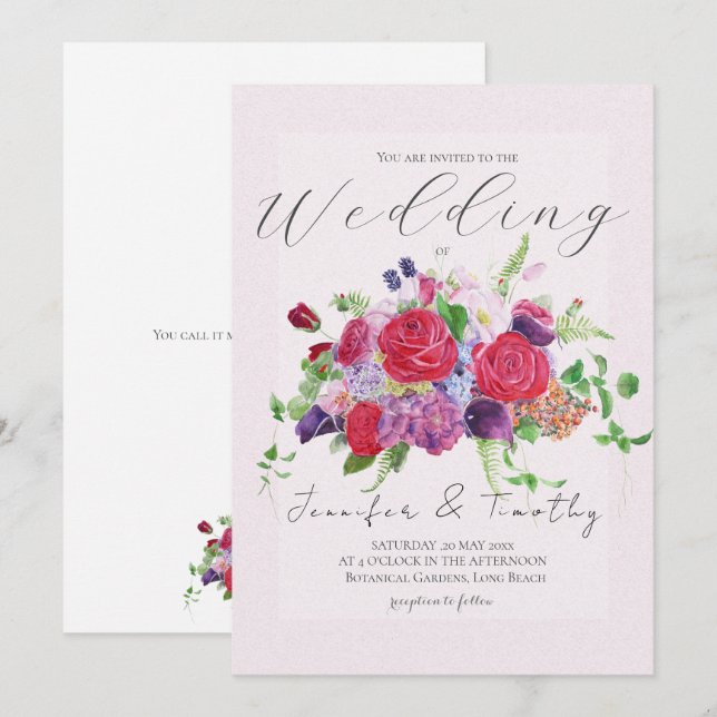 convite para casamento de buquê d'água rosa vermel (Frente/Verso)