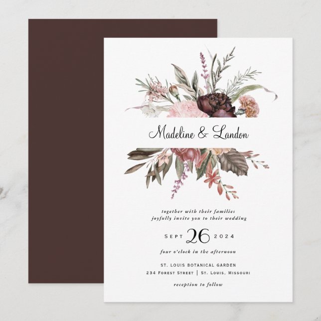 Convite Para Casamento De Burgundy Blush Wildflowe (Frente/Verso)