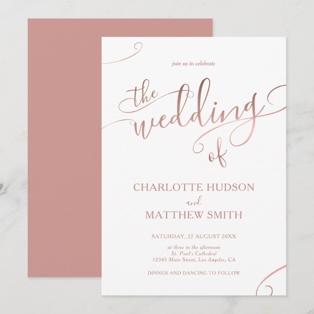 Convite para Casamento de Caligrafia Dourada Elega (Frente/Verso)