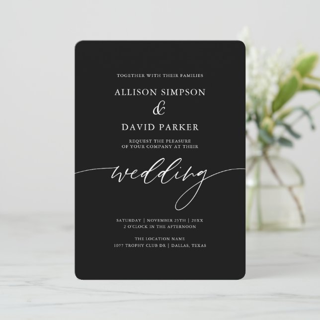 Convite para Casamento de Caligrafia Elegante Negr (Em pé/Frente)