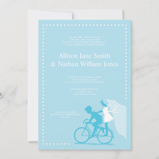Convite para Casamento de Casais de Bicicleta Azul (Frente)