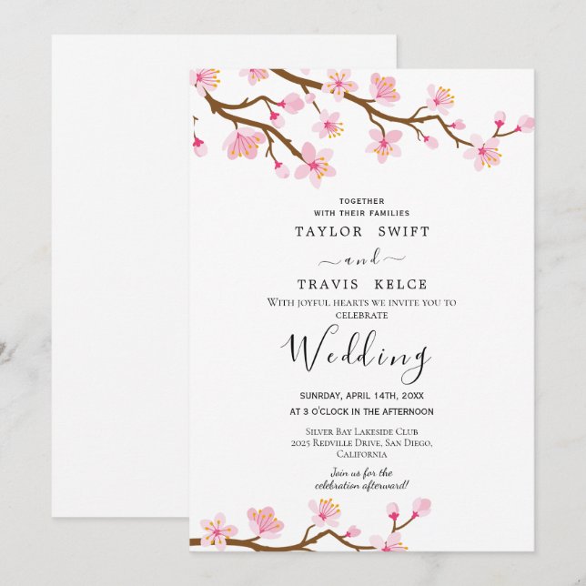 Convite para Casamento de Cereja Blossom (Frente/Verso)