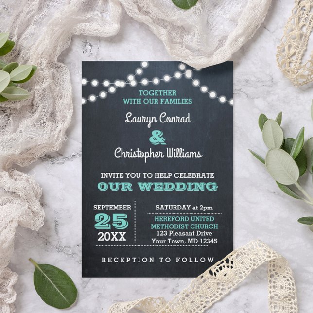 Convite para Casamento de Chalkboard Lights Teal (Criador carregado)
