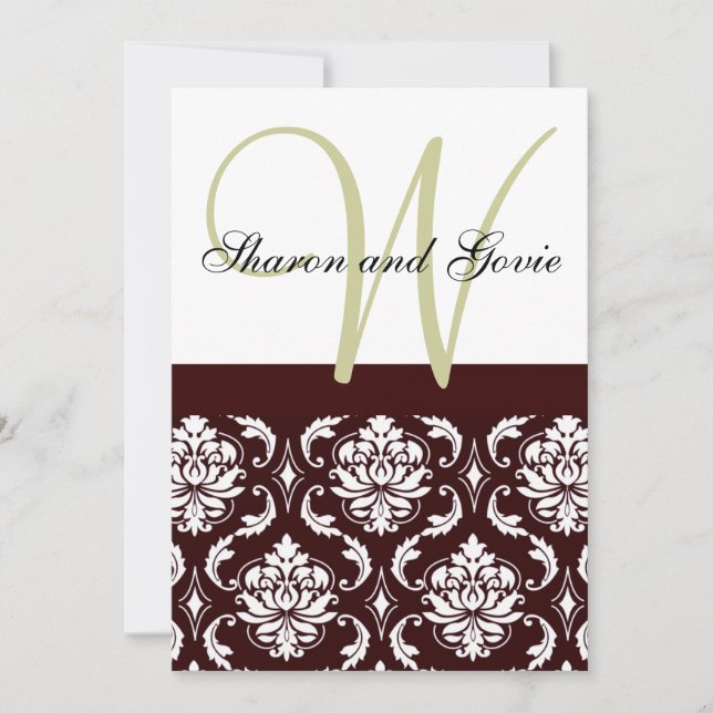 Convite para Casamento de Chocolate Brown Damask M (Frente)