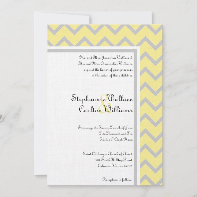 Convite para Casamento de Cinza/Amarelo de Chevron (Frente)