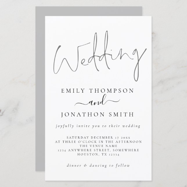 Convite para Casamento de Cinzas Brancas de Script (Frente/Verso)