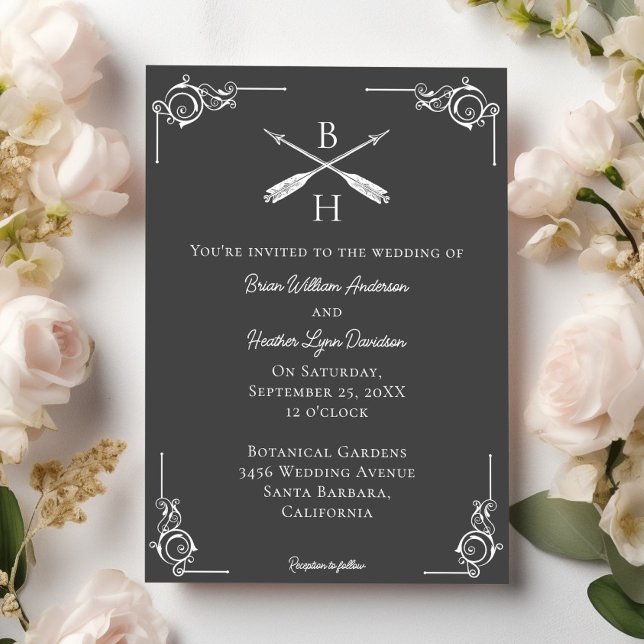 Convite para Casamento de cinzas Monograma e Setas (Gray Monogram and Arrows Wedding Invitation)