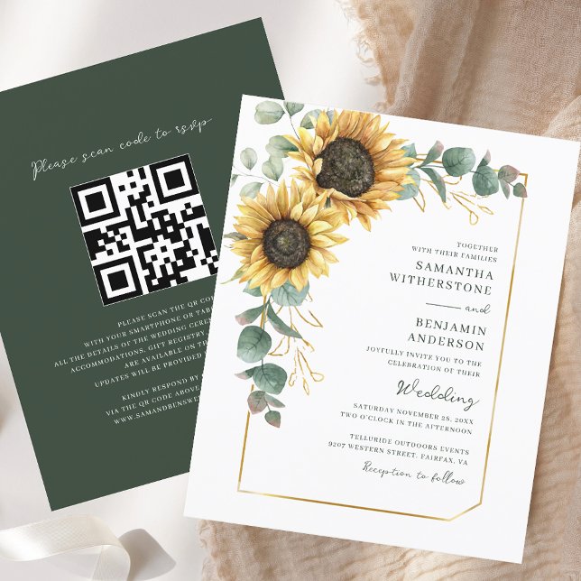 Convite para Casamento de Código QR de Sunflower A (Sunflower All-in-One QR Code Wedding Invitation)