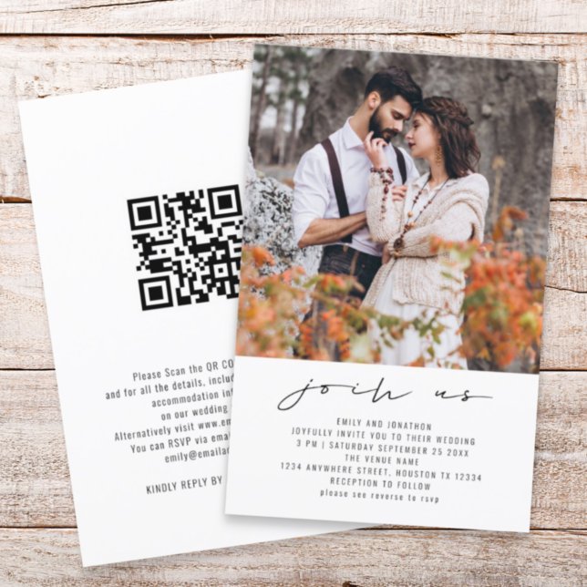 Convite para Casamento de Código QR Fotográfico no (Front and back view. Larger size budget price invitation)