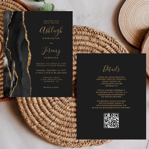 Convite para Casamento de Código QR Preto-Dourado 