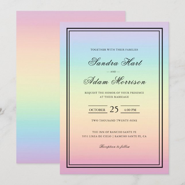 Convite para Casamento de Colores Arco-Íris Pastel (Frente/Verso)