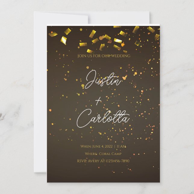 Convite para Casamento de Confetti Preto e Dourado (Frente)