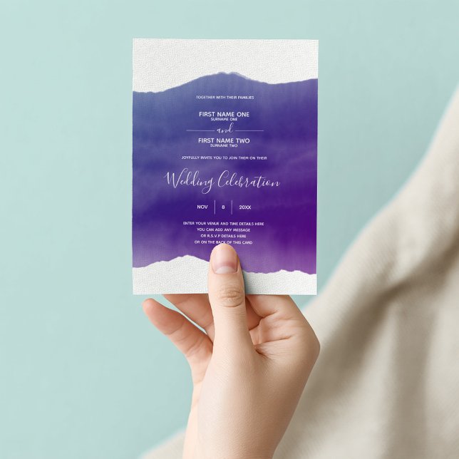 Convite para casamento de cor d'água roxa (Purple watercolor paint wash wedding invitation)