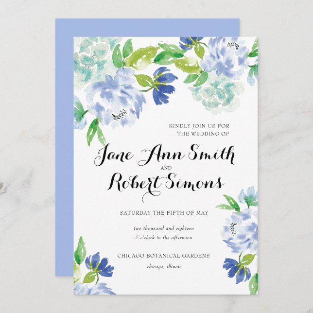 Convite para Casamento de Cor de Água Azul e Verde (Frente/Verso)