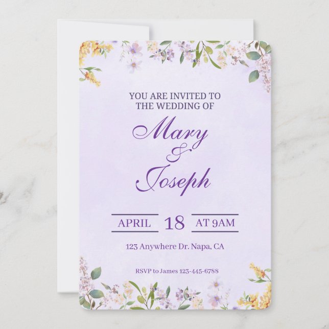 Convite para Casamento de Cor de Água Púrpura Eleg (Frente)