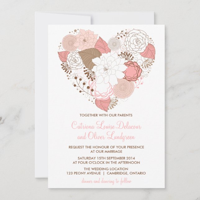 Convite para Casamento de Coração Floral, Rosa e C (Frente)