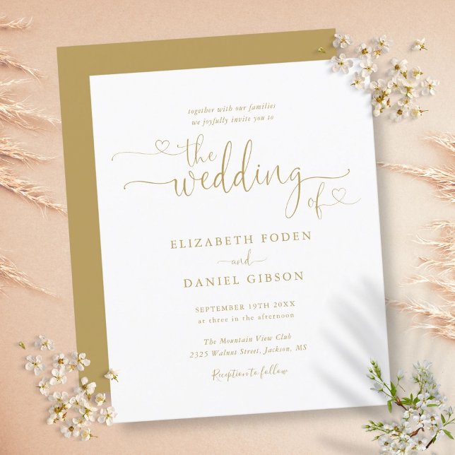 Convite para Casamento de Corações Dourados Orçame (Budget Gold Hearts Script Wedding Invitation)