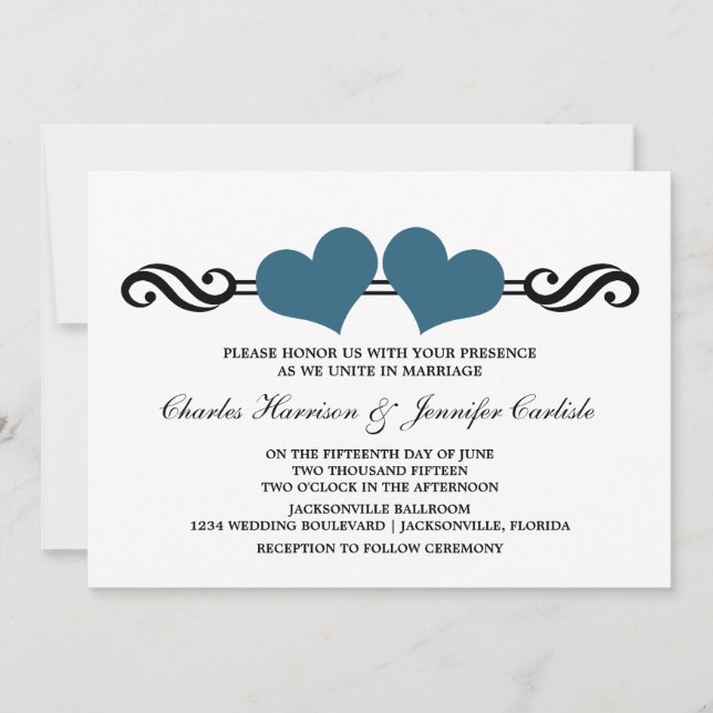 Convite para Casamento de Corações Elegantes, Azul (Frente)