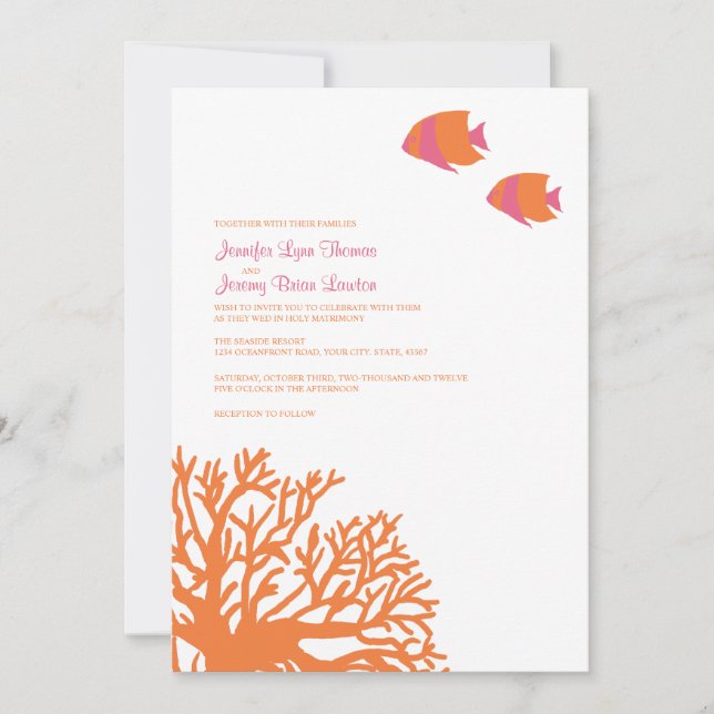 Convite para Casamento de Corais Tropicais Laranja (Frente)