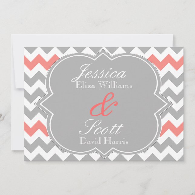 Convite para Casamento de Coral Chevron Cinza (Frente)
