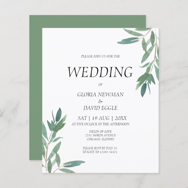 Convite para Casamento de Cores Aquáticas de Verde (Frente/Verso)