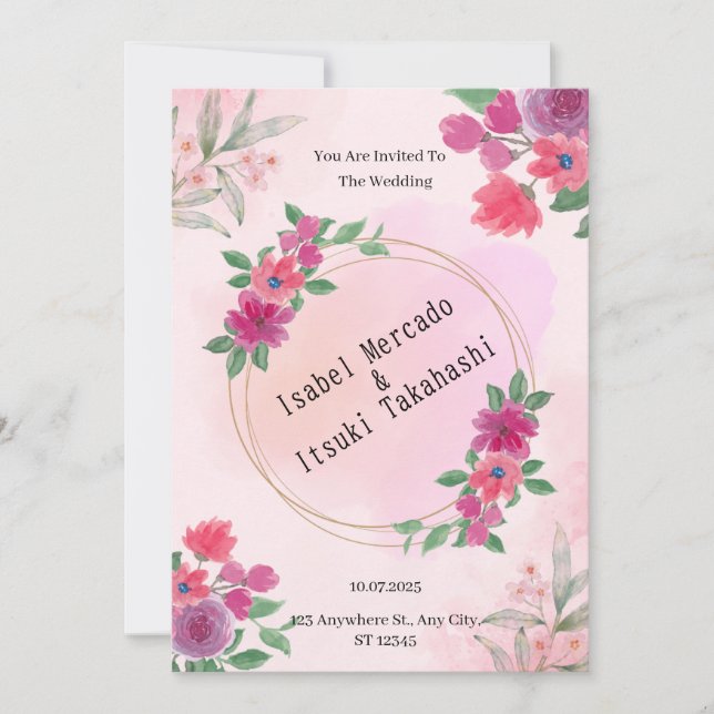 Convite para Casamento de Cores d'Água Rosa (Frente)