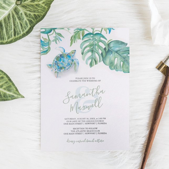 Convite Para Casamento De Cores De Água Da Tartaru (Tropical wedding invitations watercolor sea turtle and palm leaf art by Victoria Grigaliunas )