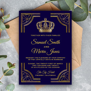 Convite para Casamento de Coroa Dourada Azul Elega