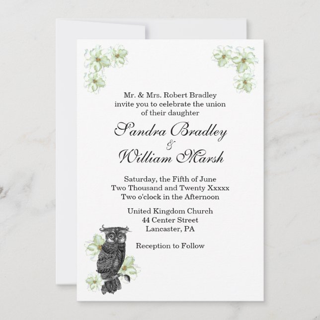 Convite para Casamento de Coruja e Flores Verdes (Frente)