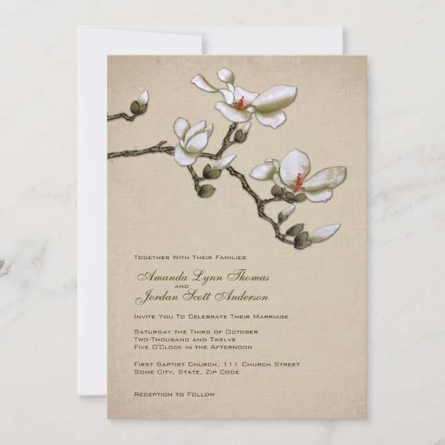 Convite para Casamento de Creme e Magnolia Verde (Frente)